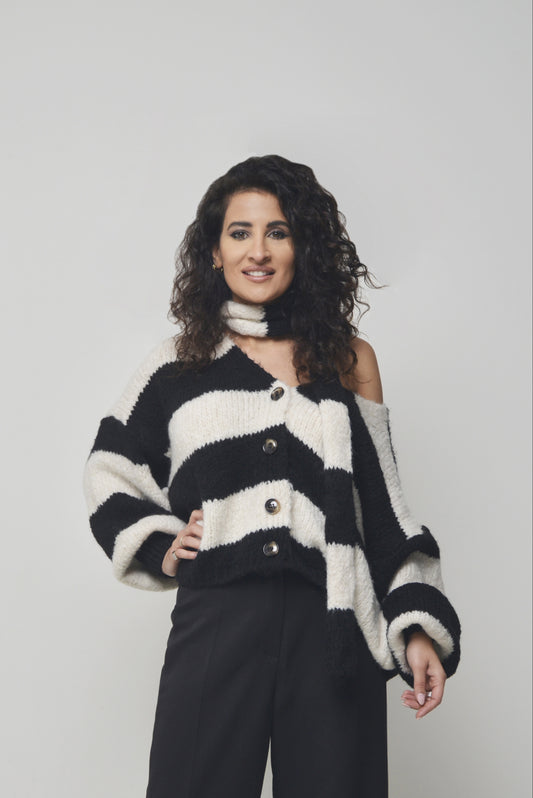 Cardigan a righe con sciarpa